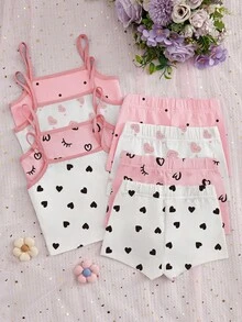 8pcs/Set Young Girls' Pink & White Sweet Heart Lash Print Camisole Bra And Shorts Set - Multicolor - View 2