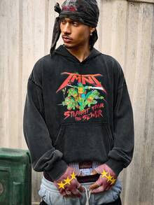 ROMWE MEN TEENAGE MUTANT NINJA TURTLES | ROMWE sweat-shirt à capuche vintage lavé avec imprimé tortue pour hommes - Noir - Voir 6