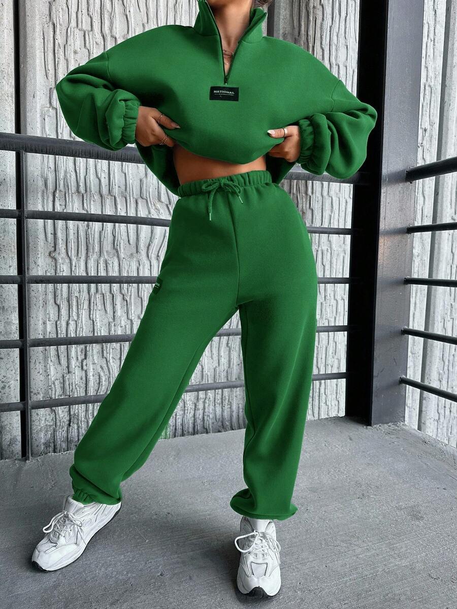 SHEIN Cottnline Cotton Letter Patched Drop Shoulder Half Zip Sweatshirt & Sweatpants - Green - View 1