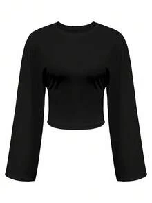 INAWLY Camiseta ajustada de mujer de manga larga y cuello redondo de unicolor y versátil - Negro - Ver 6