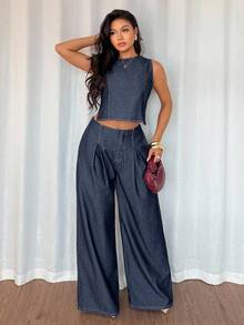 DAZY 女士无袖上衣和休闲长裤牛仔套装 - 藍色 - 查看 5