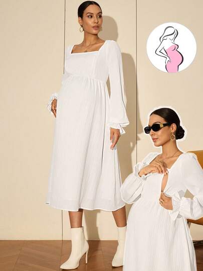 MaterniWear 孕妇工作服、孕妇工作套装、孕妇工作连衣裙、办公室、商务休闲女装、秋装、秋装、孕妇秋装 孕妇休闲纯色方领孕妇哺乳连衣裙 孕妇装白色哺乳连衣裙 白色中长连衣裙 女式中长连衣裙（带袖） 孕妇中长连衣裙 孕妇连衣裙