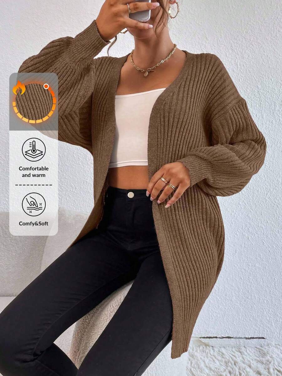 EURMUSE Casual Versatile Solid Color Drop Shoulder Loose Cardigan - Camel - View 1