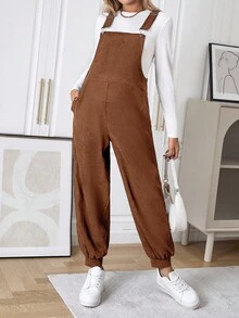 SHEIN Maternity Solid Color Pocket Casual Harem Jumpsuit - Burnt Orange - View 6
