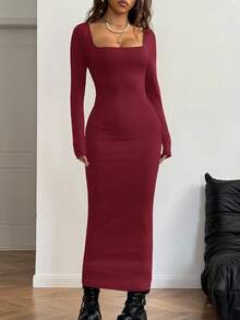 SHEIN EZwear 女式春夏基本款针织灰色修身方领长袖连衣裙 - 酒紅色 - 查看 4