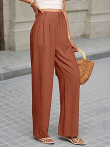 SHEIN VCAY 女士纯色高腰褶皱阔腿宽松休闲裤 - 鏽棕色 - 查看 5