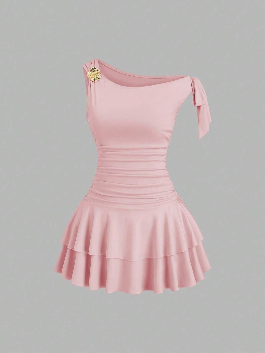 Sweetra Váy không tay thanh lịch dành cho nữ với họa tiết hoa kim loại, màu hồng - Màu Hồng baby - Xem 1