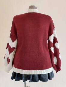 Sunspun 秋冬新款宽松百搭舒适心形图案针织开衫 - 紅白色 - 查看 2