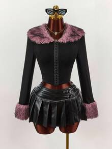 Amplova Y2K Amplova Women's Fashion Black Color Fur Collar Splicing Block Faux Fur Patchwork Short Jacket Black Jacket Women Goth Women Clothes Black Crop Jacket Autumn Winter Clothes For Women