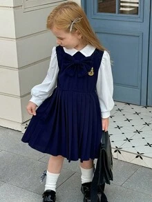 SHEIN Playful Pals Gaun Lengan Panjang 2-in-1 Warna Biru Tua Gaya Sekolah untuk Anak Perempuan, Gaun Lengan Mengembang dengan Pita Warna Kontras untuk Hari Karier Musim Gugur, Cocok untuk Kembali ke Sekolah, Acara Karier, dan Hari Karier. - Navy Blue - View 4