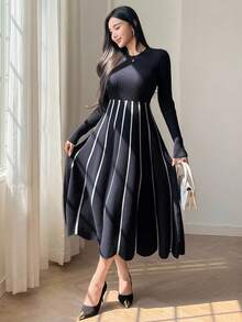 DAZY 女式优雅拼色条纹毛衣裙，秋季 - 藏蓝色 - 查看 7