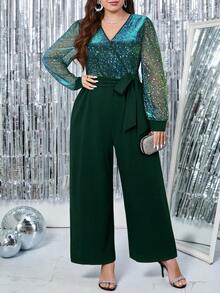 SHEIN Clasi Plus Size Women's Elegant V-Neck Jumpsuit, Suitable For Party 2025 Autumn And Winter New Style  Halloween Costumes   Christmas New Year Old Money Style - Dark Green - View 1