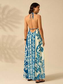 CAJUNI Đầm Maxi Đi Biển Mùa Hè Họa Tiết Hoa Và Cây Dừa Phong Cách Nhiệt Đới Boho Cho Nữ - Màu xanh lam - Xem 4