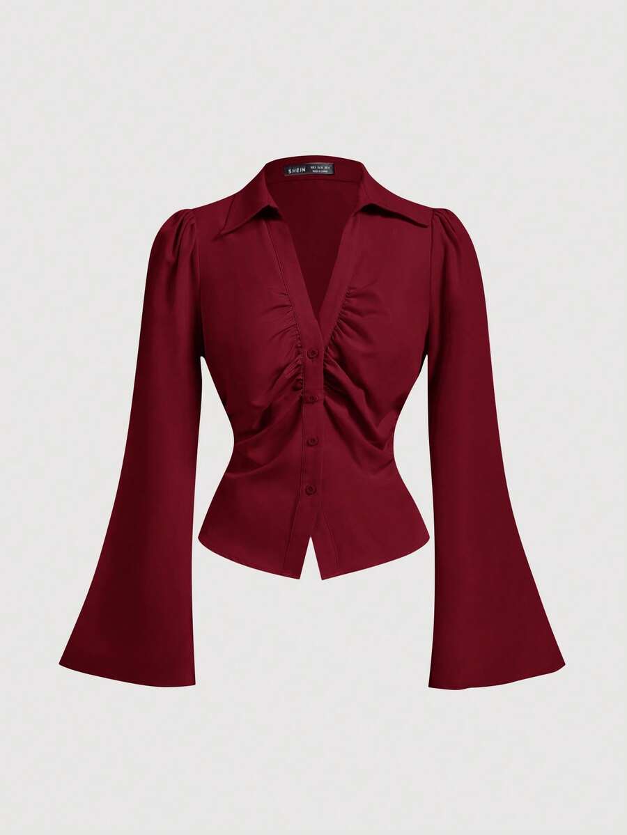 SHEIN MOD 女士V领荷叶边喇叭袖衬衫，收腰设计，酒红色长袖衬衫，女巫风，纽扣衬衫，演唱会女装，嬉皮风，海盗风上衣 - 酒紅色 - 查看 1