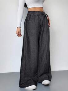 SHEIN PETITE 女士蓝色牛仔裤夏季阔腿裤舒适松紧腰带口袋夏季休闲装 - 黑色 - 查看 6