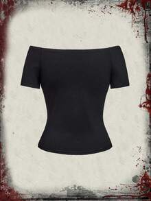 A Nightmare on Elm Street X ROMWE Women's Kpop Off Shoulder Letter & Figure Graphic Tight Fit Short Sleeve T-Shirt - Black - View 2