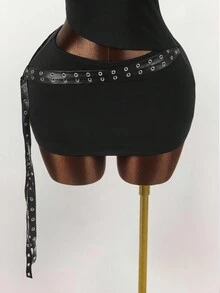 Y2K Amplova 女士 Oktoberfest PU 皮革拼接不对称上衣和性感吊带超低腰迷你裙两件套黑色夜店装 Y2K 两件套黑色两件套 - 黑色 - 查看 5