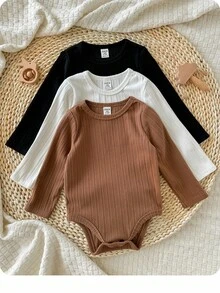SHEIN Bộ đồ liền thân dệt kim tay dài trơn 3 món cho bé gái - Nhiều màu - Xem 3