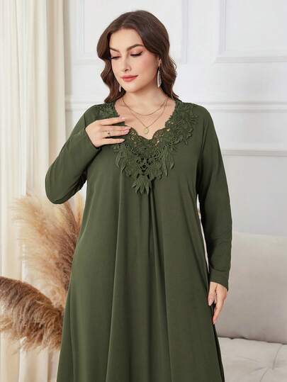 Lacomfia 大码优雅通勤纯色蕾丝拼布连衣裙