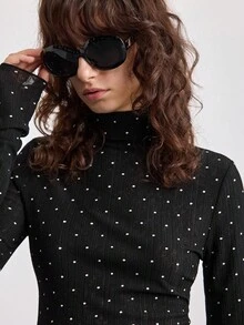 Ontre 2025 New Arrival Autumn/Winter Women's Tops, Polka Dot Fabric, Fitted Silhouette, Casual Chic & Versatile, Black Tight Fitting Turtleneck Sweater, Flattering, Slimming, Business Casual, Office Wear, Daily Outfit, Autumn/Winter, Halloween, Christmas, Valentine's Day, Thanksgiving, Long Sleeve, Ladies Office Attire, Wedding Guest Outfit, Tea Party, Holiday Party, Minimalist Elegant, Urban Stylish, Fashionable Women Blouse