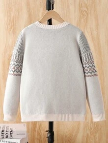 SHEIN 秋冬款男童休闲百搭针织复古几何图案连帽毛衣 - 卡其色 - 查看 3