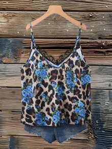 SHEIN VCAY Áo hai dây họa tiết hoa và da báo màu xanh cỡ lớn - Màu xanh lam - Xem 2