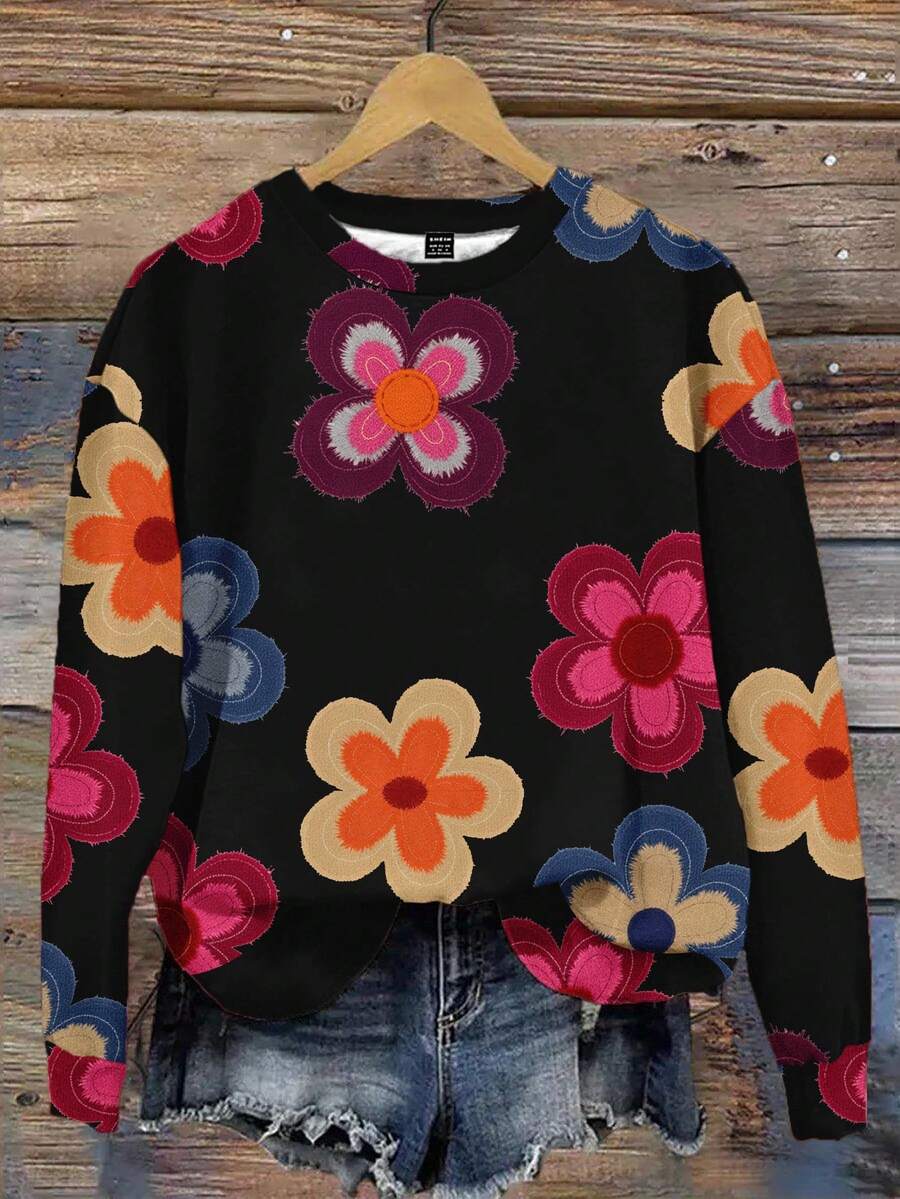 EMERY ROSE Lässiger, minimalistischer Damen Sweatshirt mit Blume Muster-Muster, weite Passform, Rundhalsausschnitt, Langarm für Herbst/Winter