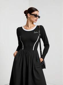 Modelyn 简约刺绣休闲系带撞色连衣裙 - 黑色 - 查看 1