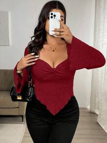 Vionelle 大码女式纯色甜心领扭纹设计长袖不对称下摆罗纹T恤 - 酒紅色 - 查看 5