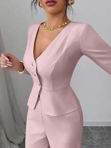 Elenzga 女士优雅长袖西装外套和裤子套装，商务/通勤风格，适合夏季、独立日、毕业典礼、返校 - 粉色 - 查看 4
