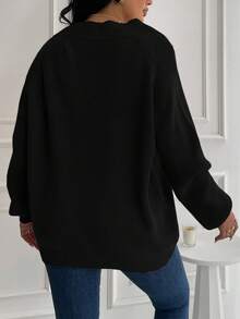 EURMUSE Women's Plus Size V-Neck Raglan Sleeve Sweater, Winter - Black - View 2