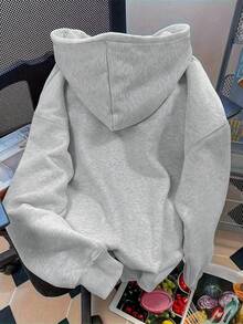 Flirla Plus Size Women's Sheep & Letter Slogan Graphic Print Casual Thermal Drawstring Sweatshirt Pullover Sweatshirt, Fall/Winter - Light Grey - View 2