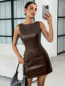 Lavishia 女士时尚PU性感复古抹胸迷你连衣裙夏季母亲节服装女士夏季服装毕业礼服夏装女士夏季连衣裙 - 棕色 - 查看 3