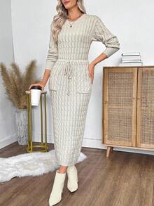 EMERY ROSE 女士秋冬麻花图案圆领长袖抽绳腰部口袋修身优雅针织连衣裙 - 杏色 - 查看 3