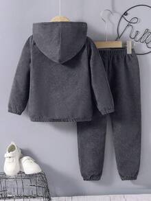 SHEIN Explorewe 2pcs/Set Jaket Hoodie Kasual Warna Polos untuk Anak Laki-Laki dengan Kantong & Celana Panjang Berlapis Termal dengan Tali Serut, Pakaian Musim Dingin Hangat untuk Musim Gugur - Dark Grey - View 2