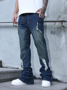 Manfinity EMRG 男式口袋做旧褶皱紧身休闲牛仔裤 - 中等水洗藍 - 查看 3