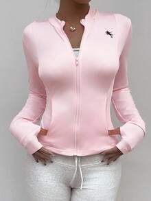 SHEIN Unity 女士薄款长袖刺绣拉链开衫修身夹克，适合返校季 - 粉色 - 查看 5