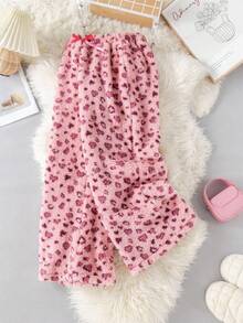 SHEIN Unity Pink Rabbit Fur Leopard Print Bow Elastic Waist Straight Pants - Pink - View 6