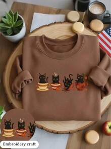 INAWLY Sudadera de cuello redondo para mujer con estampado de taza de café con gato y hoja de arce de Halloween - Marrón - Ver 1