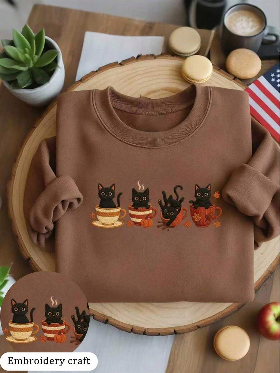 INAWLY Sudadera de cuello redondo para mujer con estampado de taza de café con gato y hoja de arce de Halloween - Marrón - Ver 1