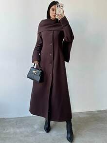 Firerie 女士优雅、精致、端庄的日常通勤街头时尚新款百搭宽围巾披肩领纽扣腰A字长款棕色外套，秋冬女装，女士冬季外套新年款 - 咖啡棕 - 查看 6