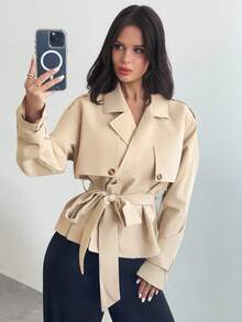 Firerie Áo khoác trench coat màu trơn thanh lịch dành cho nữ mùa thu đông - Màu be - Xem 5