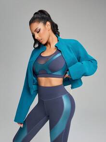 Innovista Sudadera deportiva casual con cremallera frontal de tela suave y acolchada en color verde azulado, de manga larga, para mujer. Prenda cómoda y versátil para actividades al aire libre, deportes, entrenamiento HIIT y uso diario.