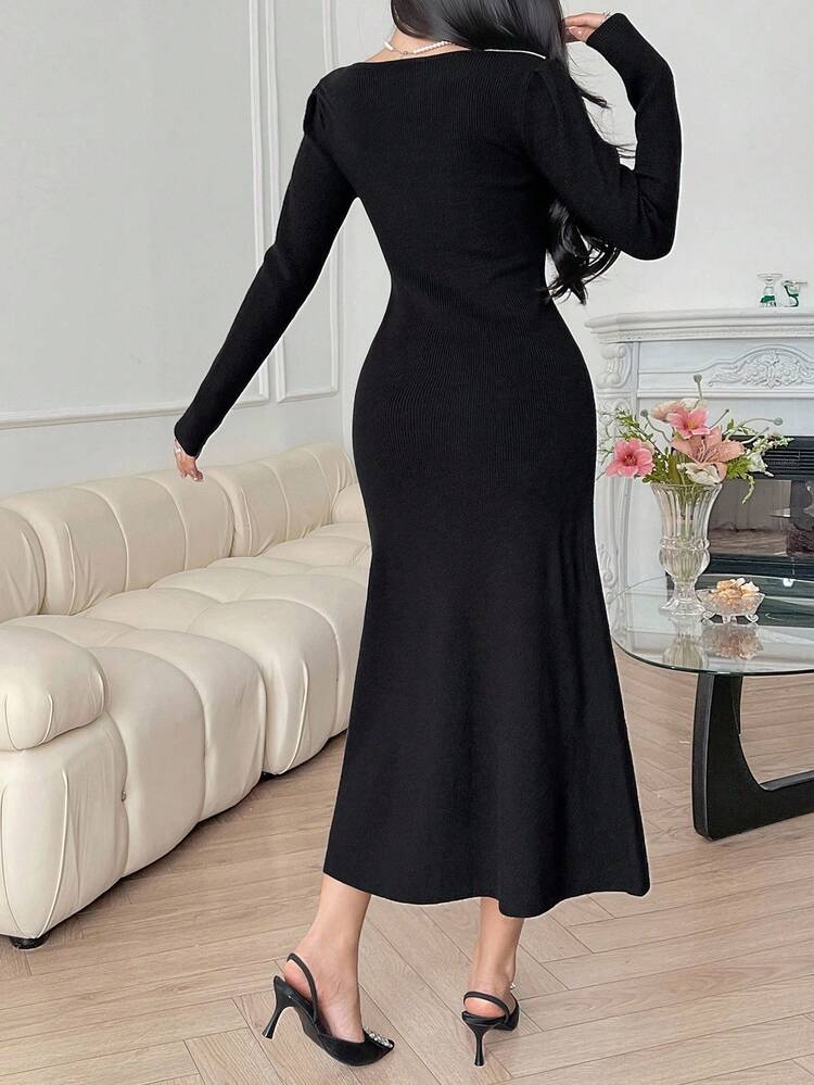 Contrasting Color Waist Cinched Elegant Sweater Dress, Suitable As Inner Layer Under Coat