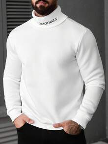 Manfinity CasualCool Men's Basic High Neck Simple English Embroidery Sweatshirt, White Turtleneck Sweatshirt, Fall Winter, Long Sleeve Top - White - View 1