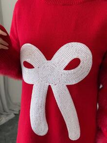 Selianne Vestido de suéter de manga larga con cuello redondo elegante para mujer, con decoración de piel de visón, lentejuelas y lazo, versátil para Navidad, Año Nuevo, otoño/invierno - Rojo - Ver 7
