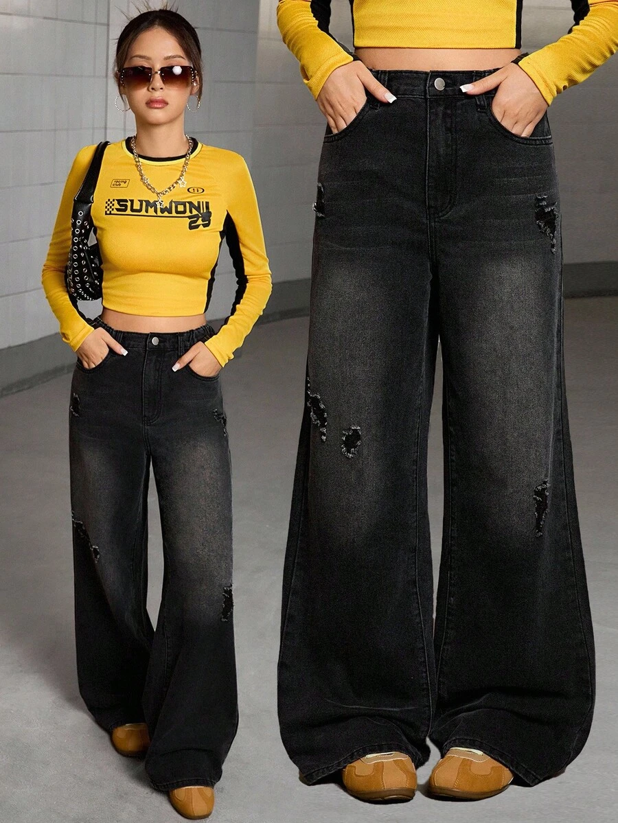 Quần jeans ống đứng rách ống rộng màu đen và xám mới giặt cho bé gái tuổi teen, quần ống rộng thời trang thường ngày, đa năng và ôm sát, thích hợp mặc ngoài trời - màu đen - Xem 1