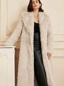 Aveloria Rosie Fashionable Oversized Faux Fur Collar Long Jacket For Women - Grey - View 1