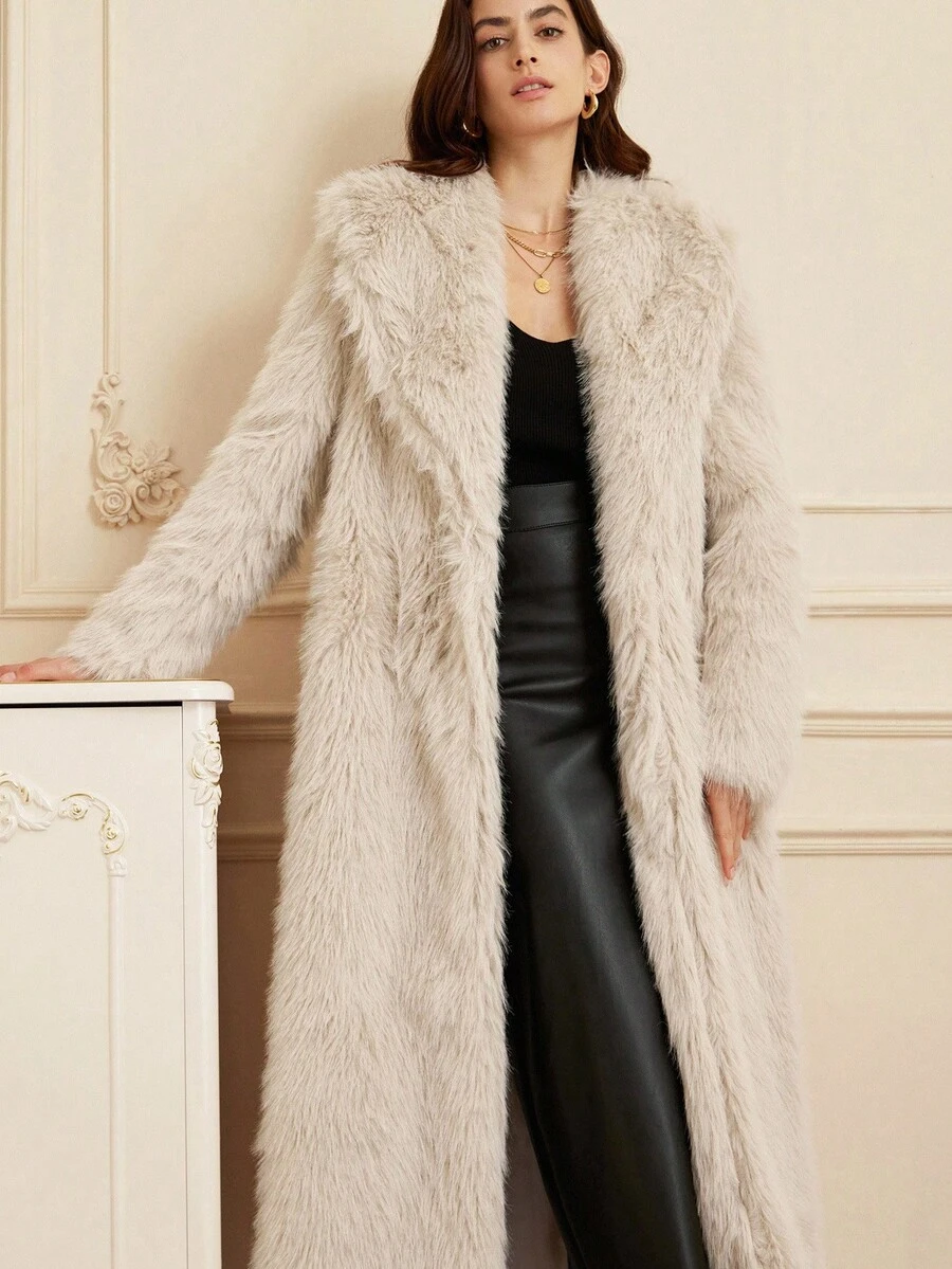 Aveloria Rosie Fashionable Oversized Faux Fur Collar Long Jacket For Women - Grey - View 1