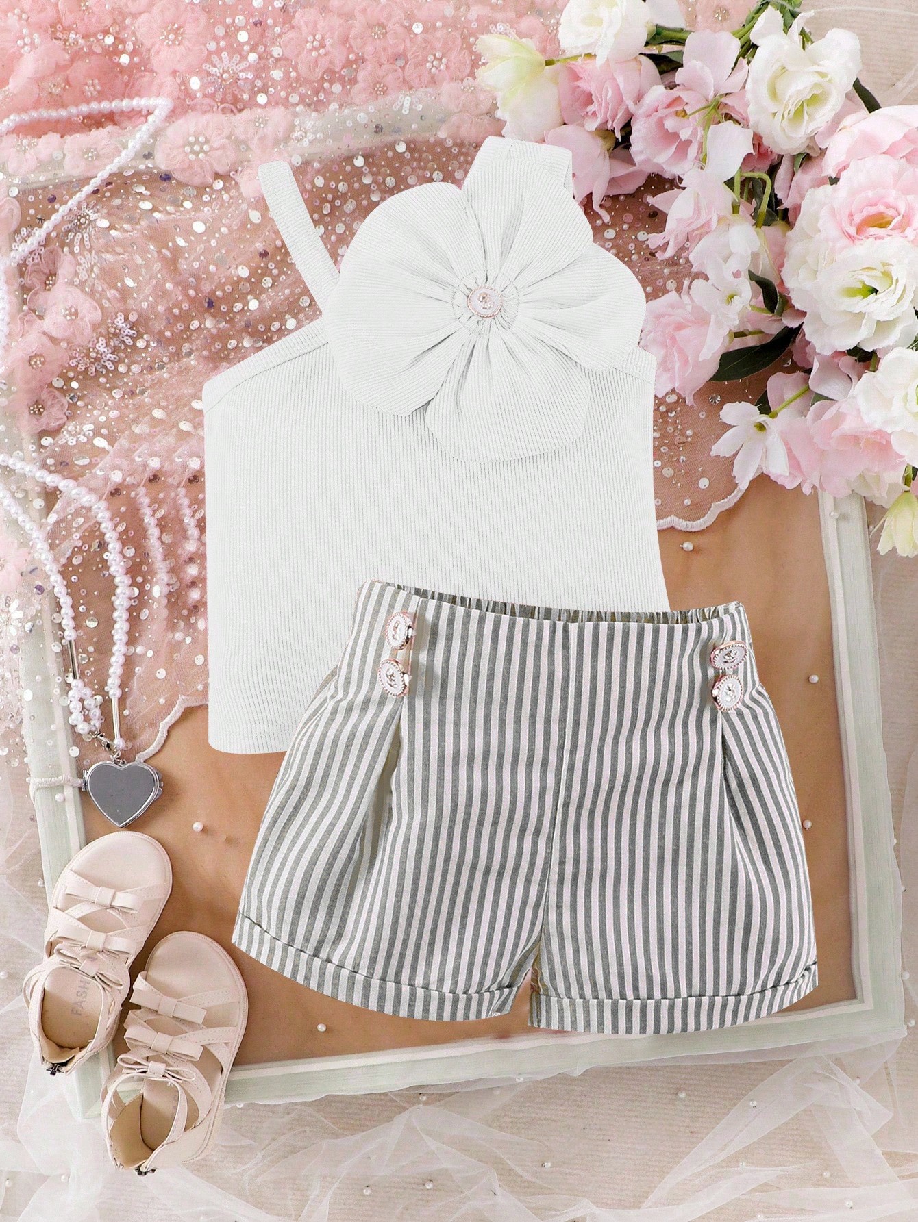 SHEIN طقم ملابس علوية أنيقة مزينة بالزهور مع شورت...